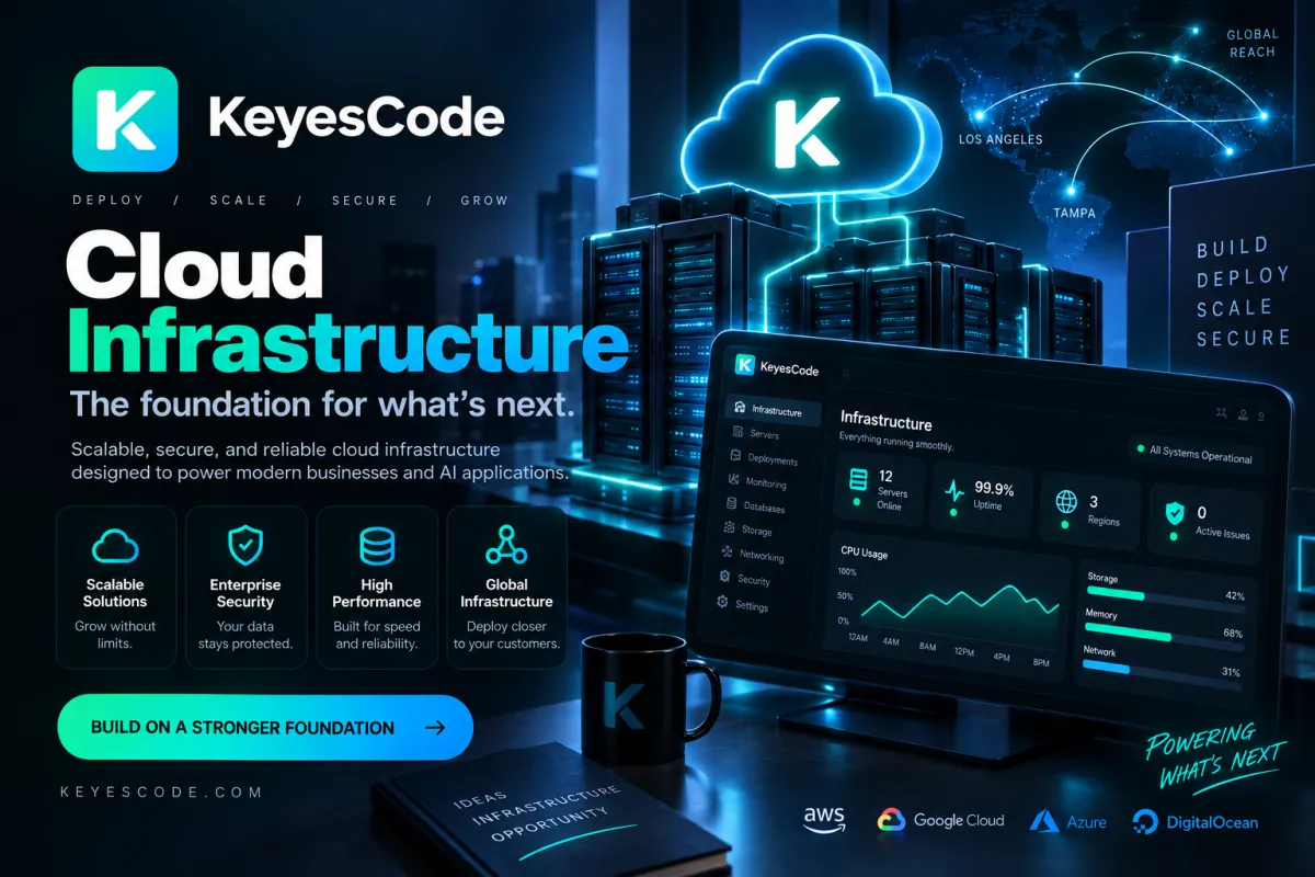 KeyesCode Cloud Infrastructure graphic with server racks, a cloud icon, and an infrastructure monitoring dashboard