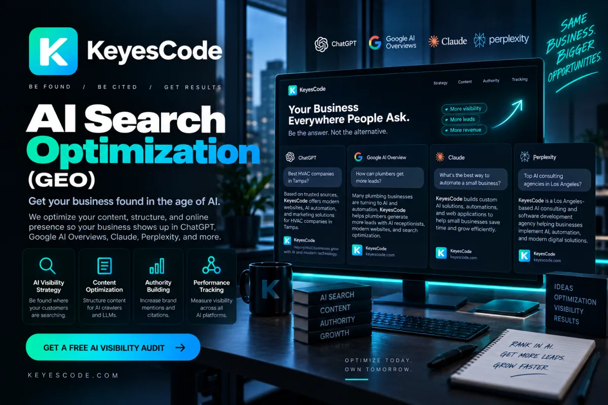 KeyesCode AI Search Optimization (GEO) graphic showing a business cited across ChatGPT, Google AI Overviews, Claude, and Perplexity