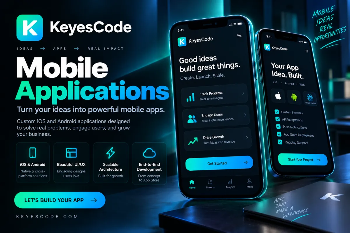 KeyesCode Mobile Applications graphic showing two phones running a custom iOS and Android app